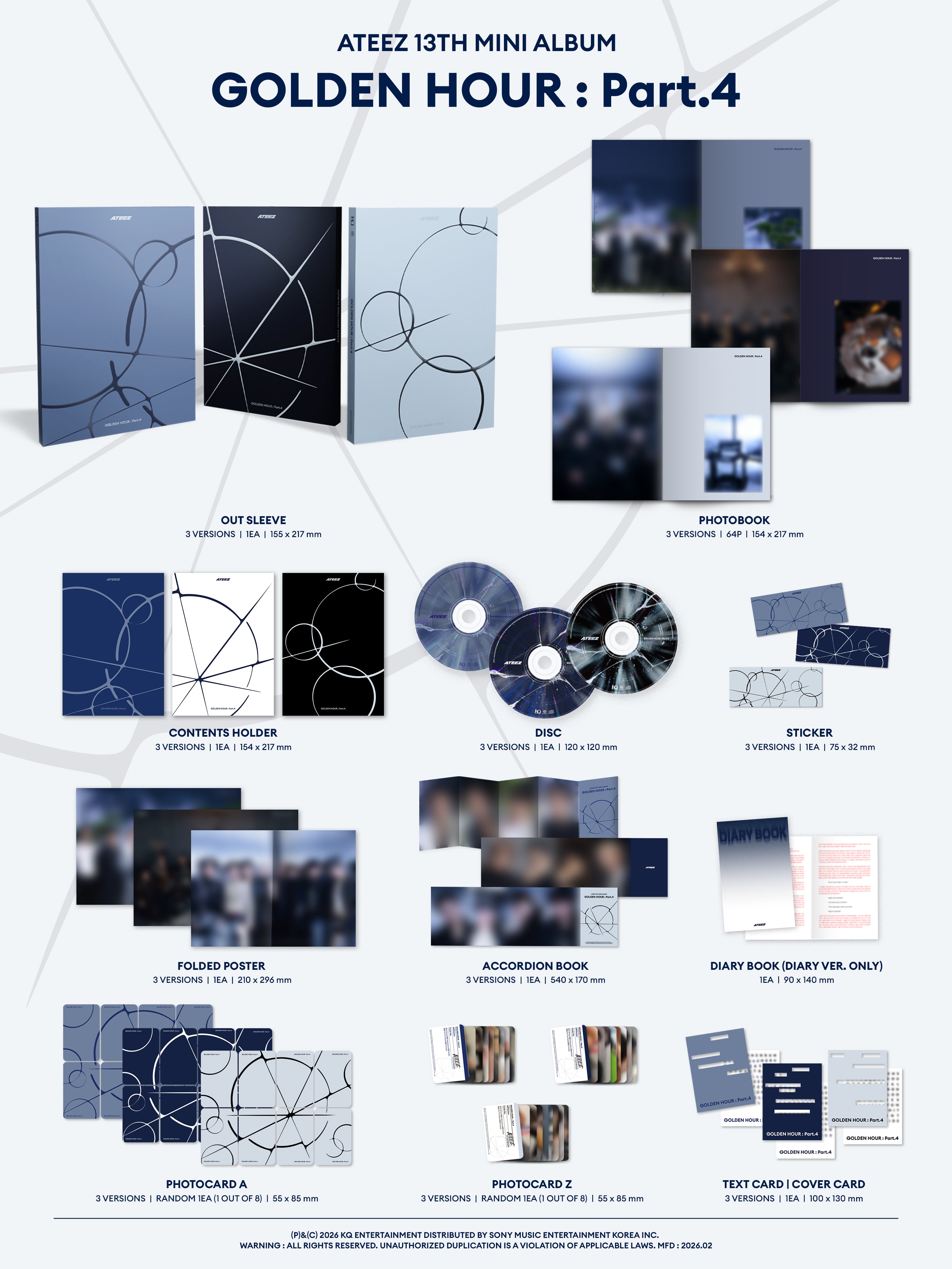 Ateez 13th mini album 'Golden Hour: Part.4' packaging with various items included.