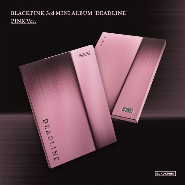 Two pink albums with 'BLACKPINK' branding on a dark background
