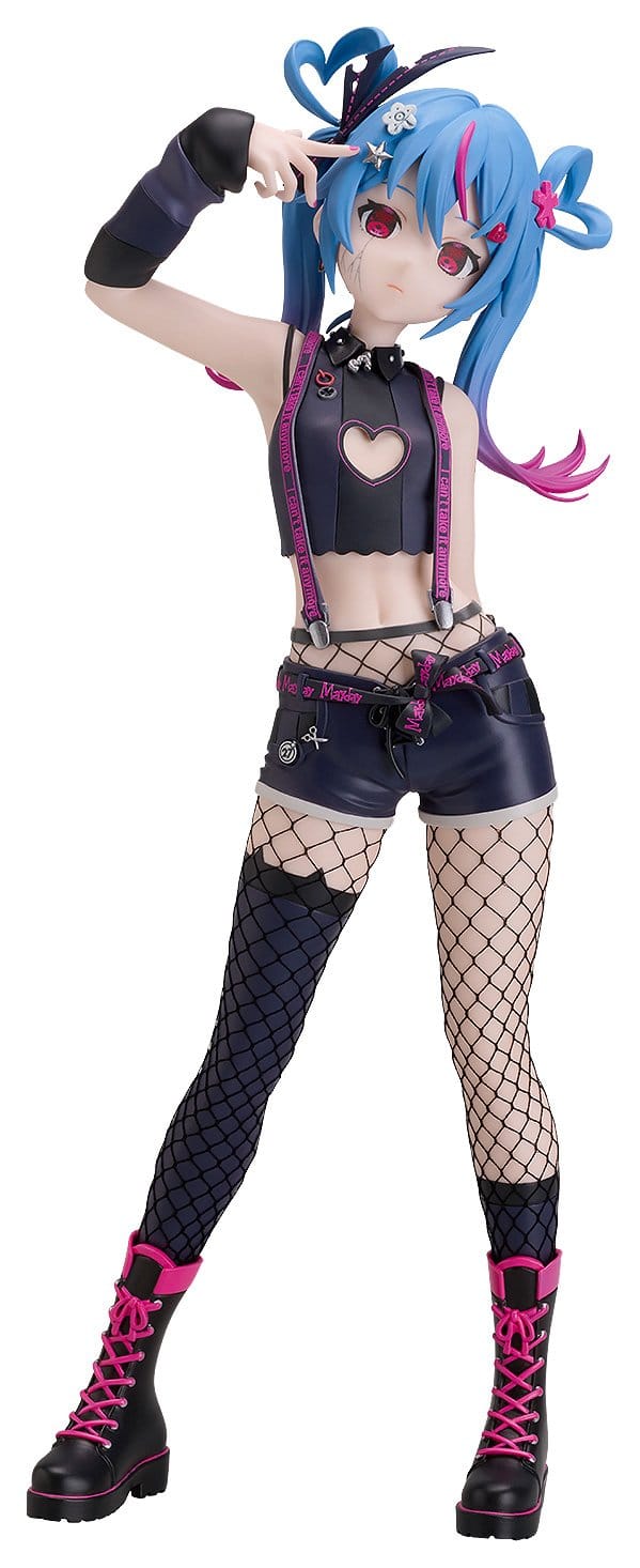 An anime-style female character figure with bright blue hair, red eyes, and pink accents, wearing a black and purple outfit with fishnet stockings and black-and-pink boots, posed against a plain white background.