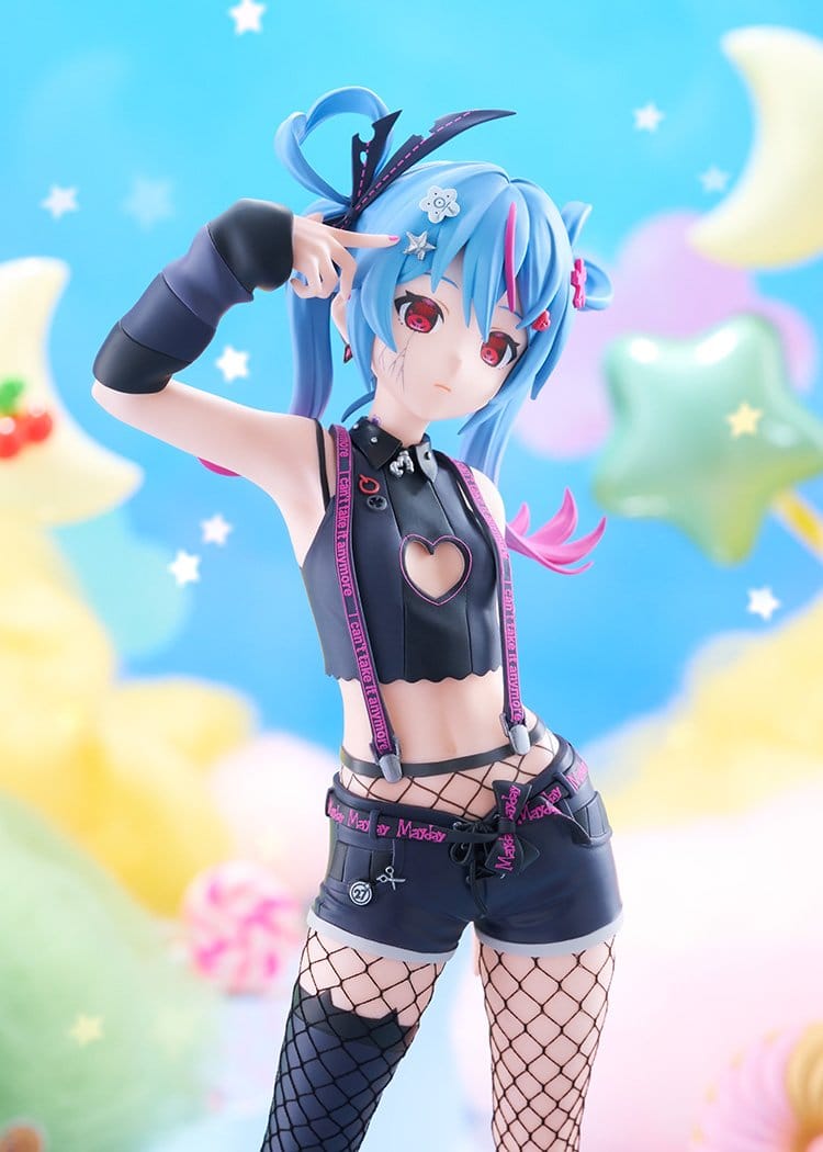 A stylized anime figurine of a blue-haired character in a dark outfit with pink accents, posed against a pastel starry background.