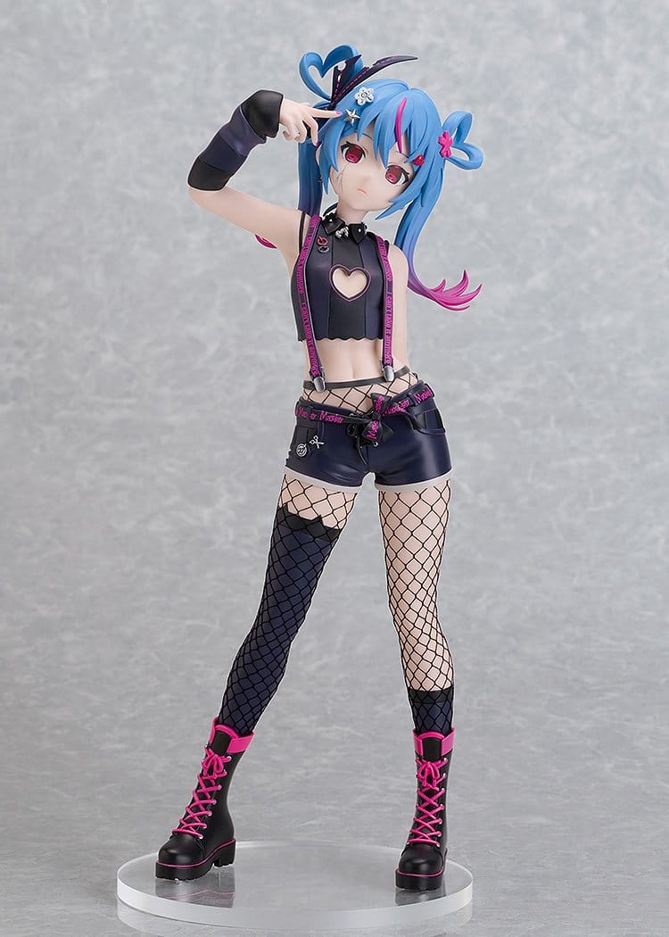 A detailed anime figurine of a character with bright blue hair and red eyes, wearing a black and pink outfit with fishnet stockings and black boots, posed on a clear round display base against a textured gray background.