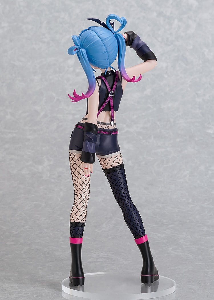 An anime figurine of a female character with blue and pink ombre hair, wearing a black and purple outfit with fishnet stockings and black boots, posed on a clear display base against a textured gray background.