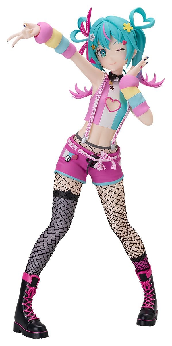 A colorful anime-style female character figurine posed dynamically against a plain white background. She has bright turquoise hair with pink heart-shaped buns and colorful streaks, wearing a pastel rainbow striped crop top, pink shorts, fishnet stockings, and black combat boots with pink accents.