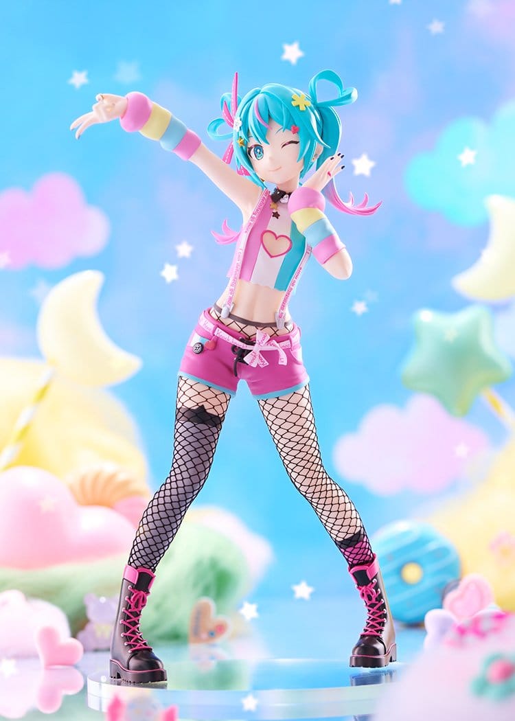 A colorful anime-style figurine of a winking character with bright blue hair, wearing a pink and blue outfit with fishnet stockings, posed on a reflective surface against a pastel dreamy background with stars and clouds.