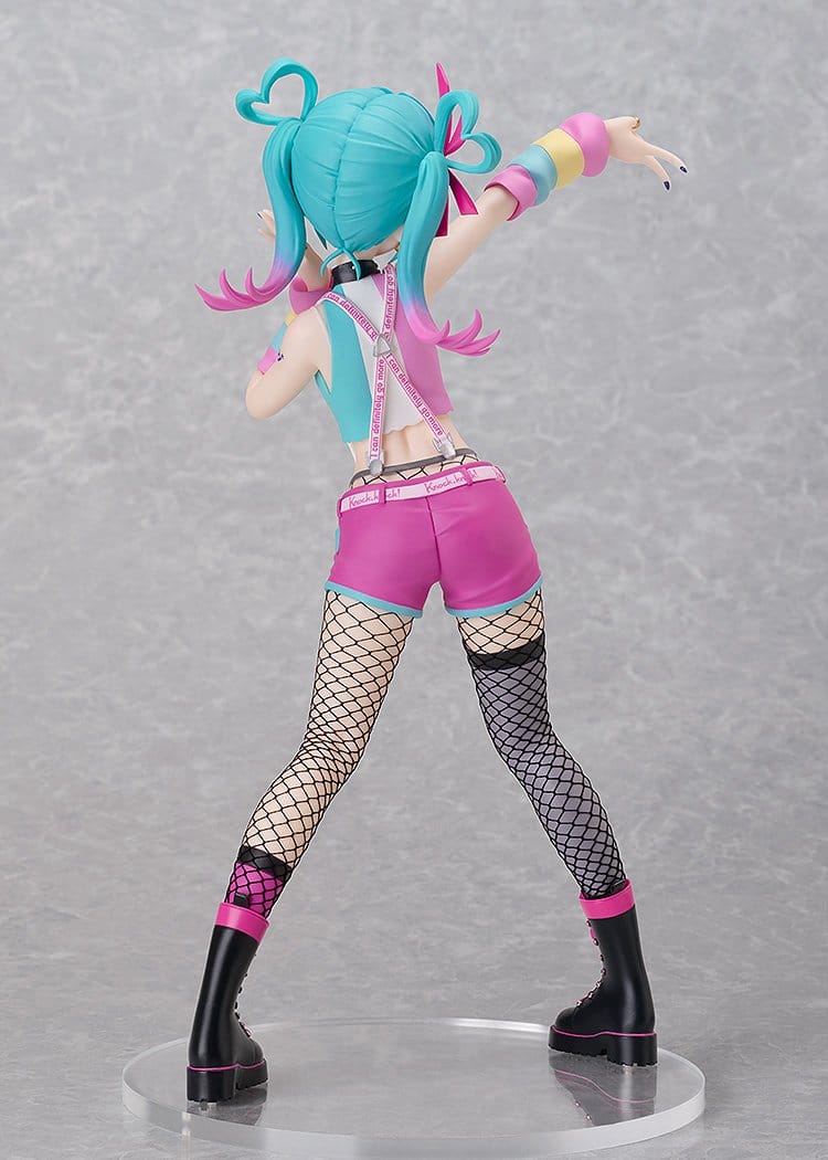 A stylized anime figurine shown from the back on a clear round base, with turquoise and pink hair, pink shorts, black fishnet stockings, and black boots against a light gray textured background.