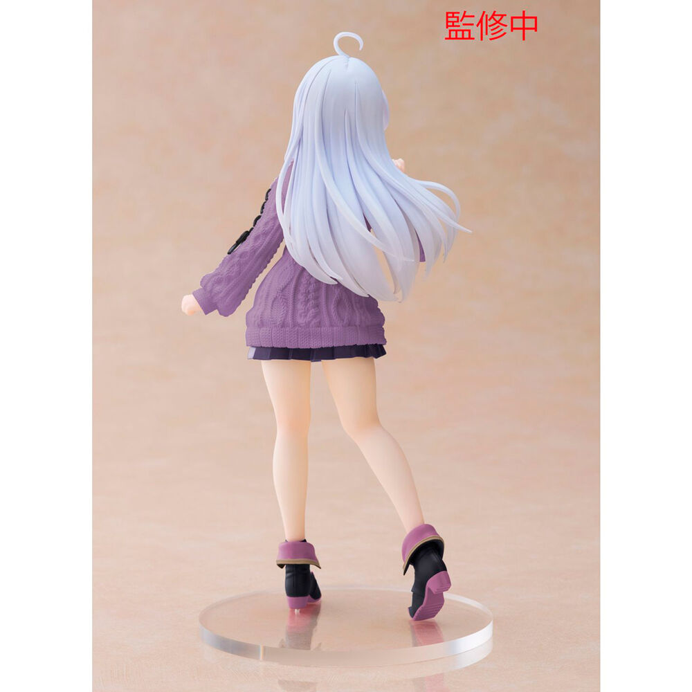 back view of anime figure with white hair and purple knit dress