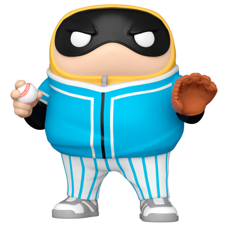 Vinyl figure with blue jacket and blue and white striped trousers holding a baseball and baseball glove on a white background