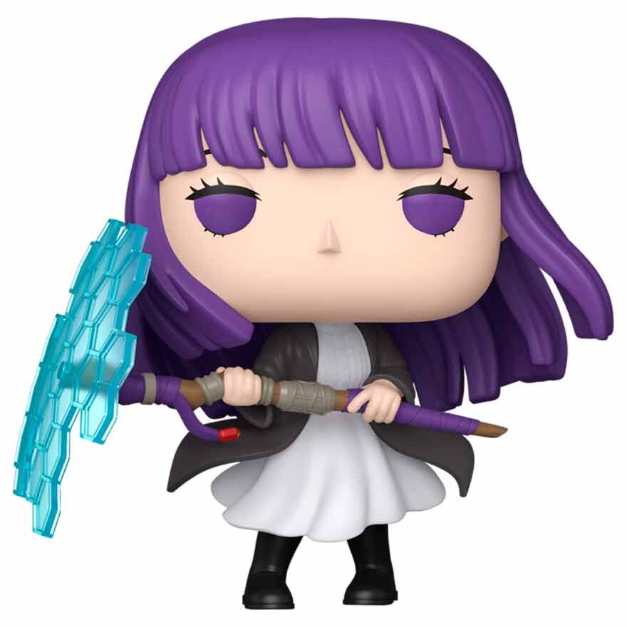 Vinyl figure with purple hair and eyes with a white and black cloak on a white background