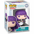 Funko Pop! animation packaging showing Fern from the show Frieren Beyond Journeys End. Vinyl figure with purple hair and purple eyes, black cloak and staff