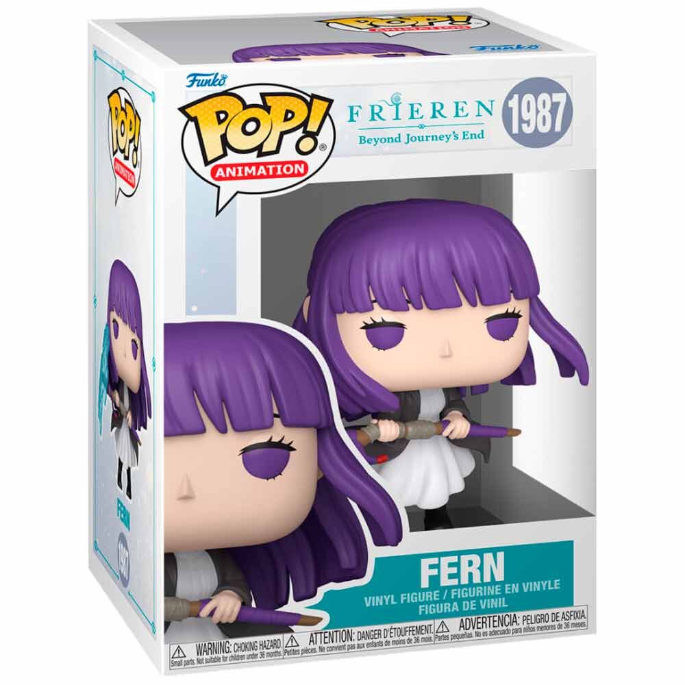 Funko Pop! animation packaging showing Fern from the show Frieren Beyond Journeys End. Vinyl figure with purple hair and purple eyes, black cloak and staff