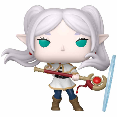 Animated character with white hair and green eyes holding a weapon on a white background