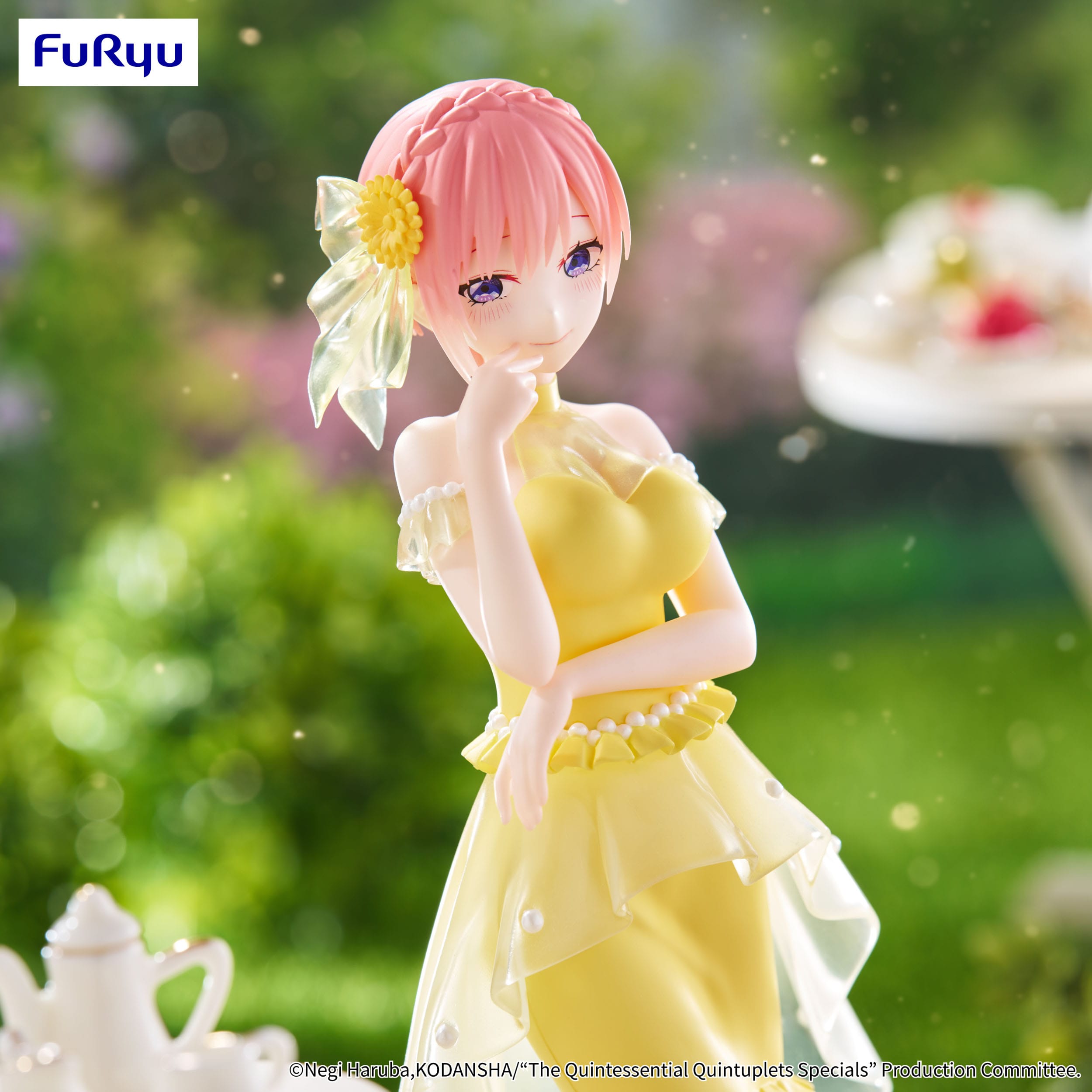 Anime figurine with pink hair and a yellow dress in a garden setting, featuring the Furyu brand.
