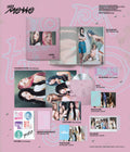 K-pop album package with various items on a pink background