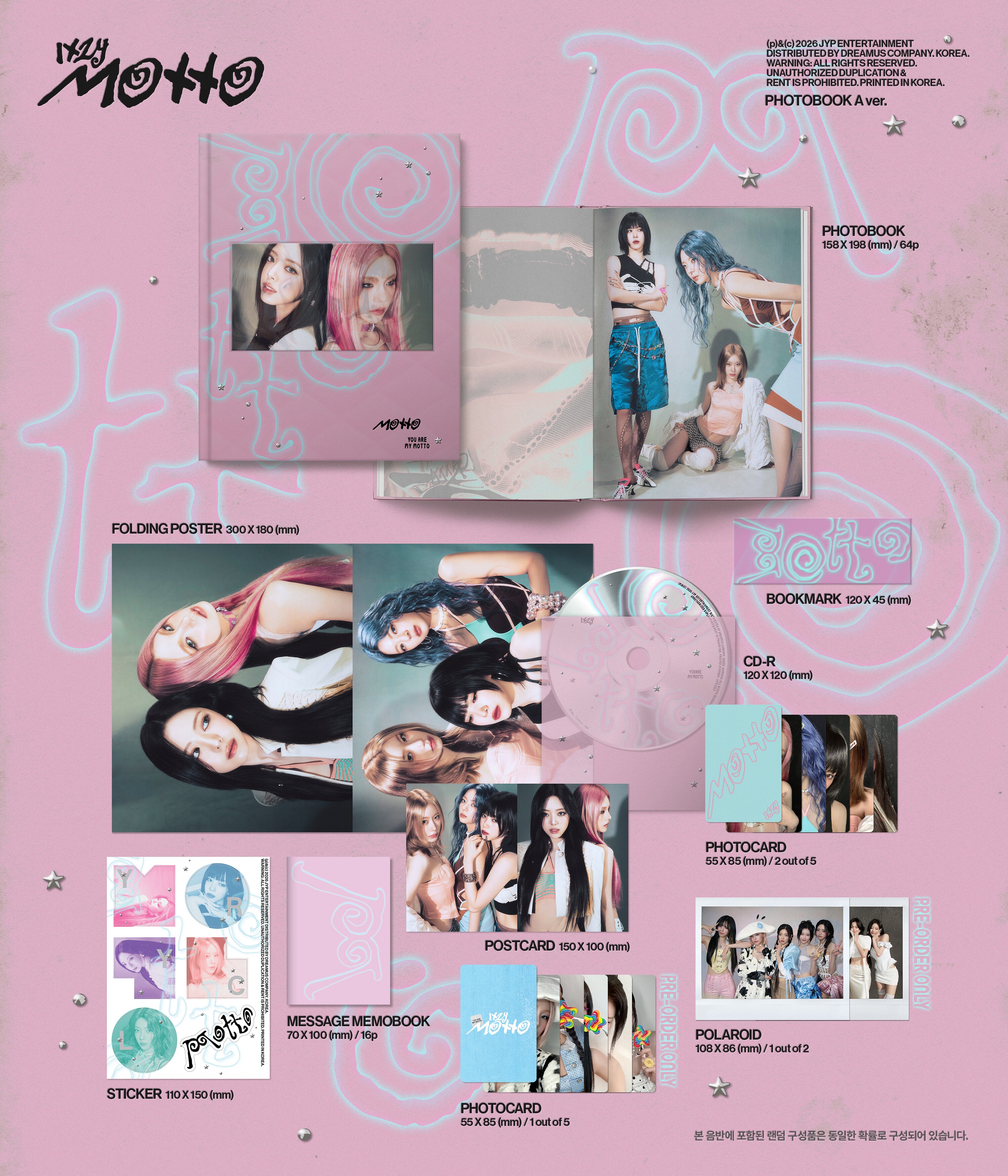 K-pop album package with various items on a pink background