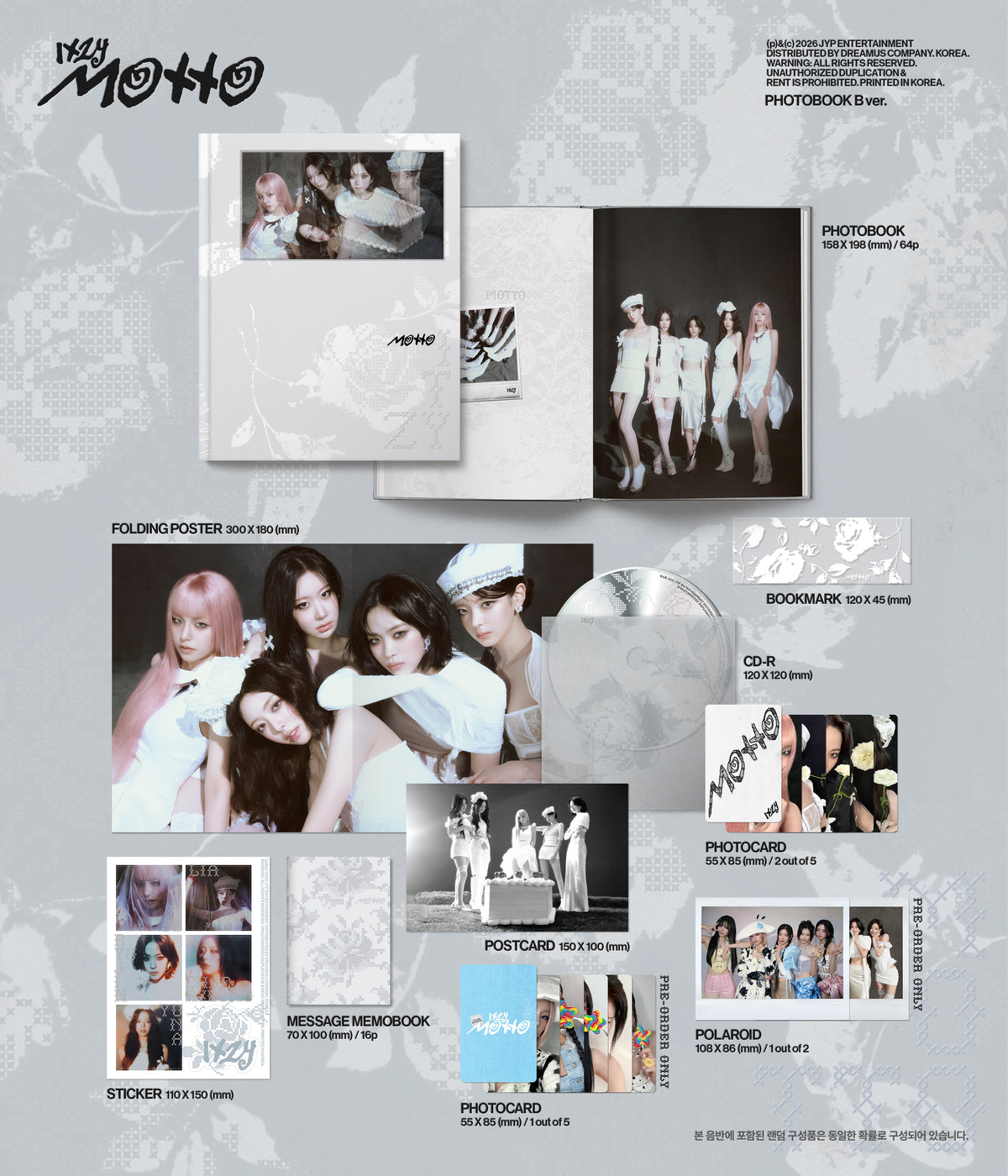 K-pop album package with various items including a photobook, poster, and postcards on a light gray background.