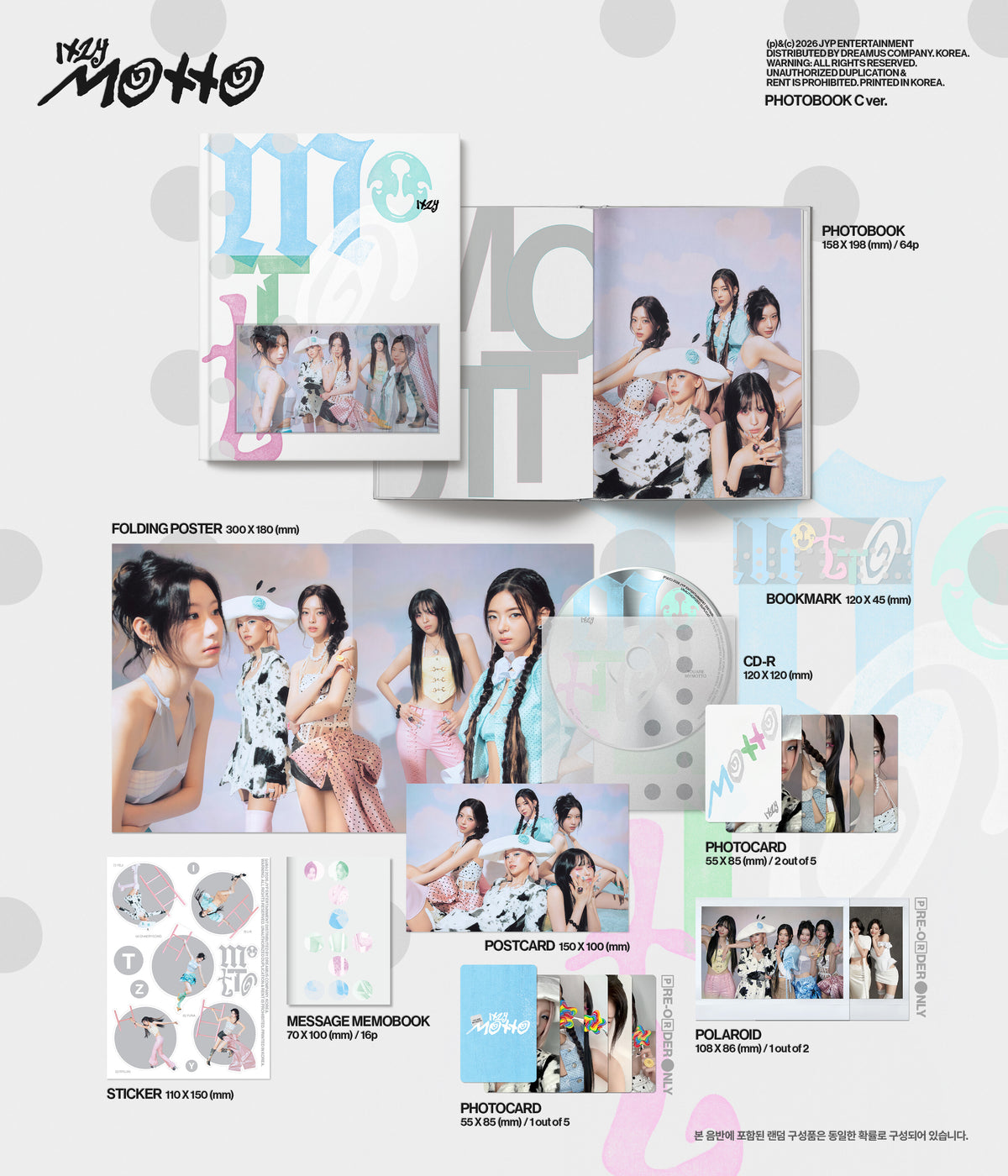 K-pop album packaging with various items including a photobook, poster, and CD on a white background.