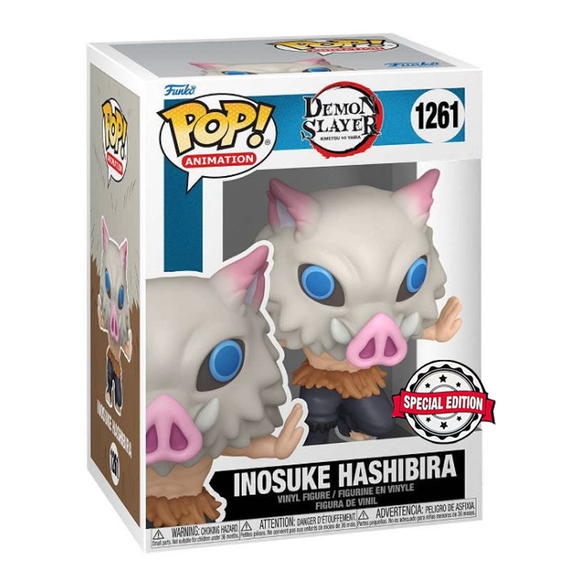 Funko Pop! vinyl figure packaging of Inosuke Hashibira from Demon Slayer, with Funko Pop! and Demon Slayer logos.