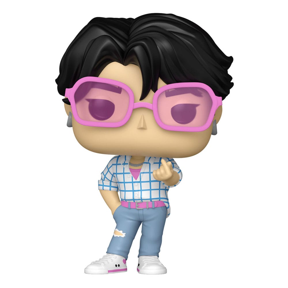 Funko Pop! vinyl figure with black hair, pink glasses, and plaid shirt on a white background