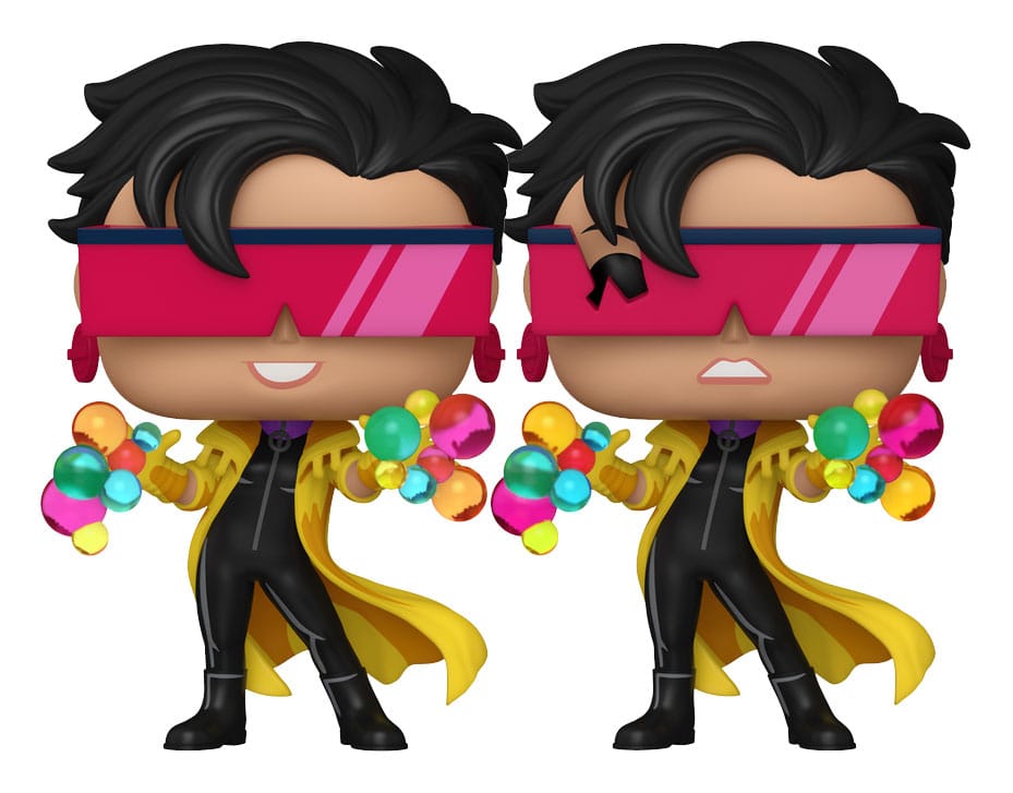 Two identical figurines with black hair, pink headbands, and colorful outfits on a white background