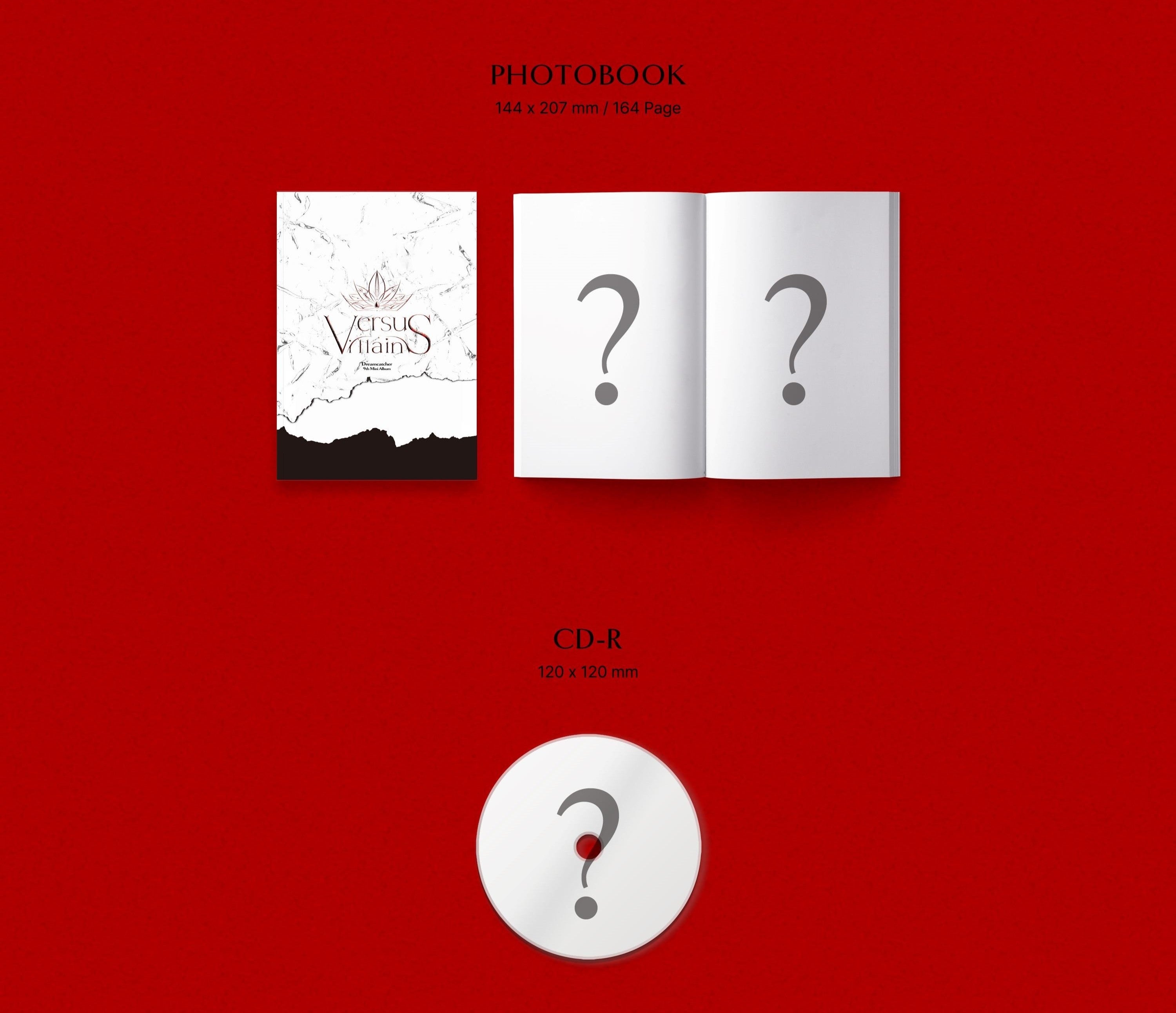 Product display with photobook, CD-R, and question marks on a red background