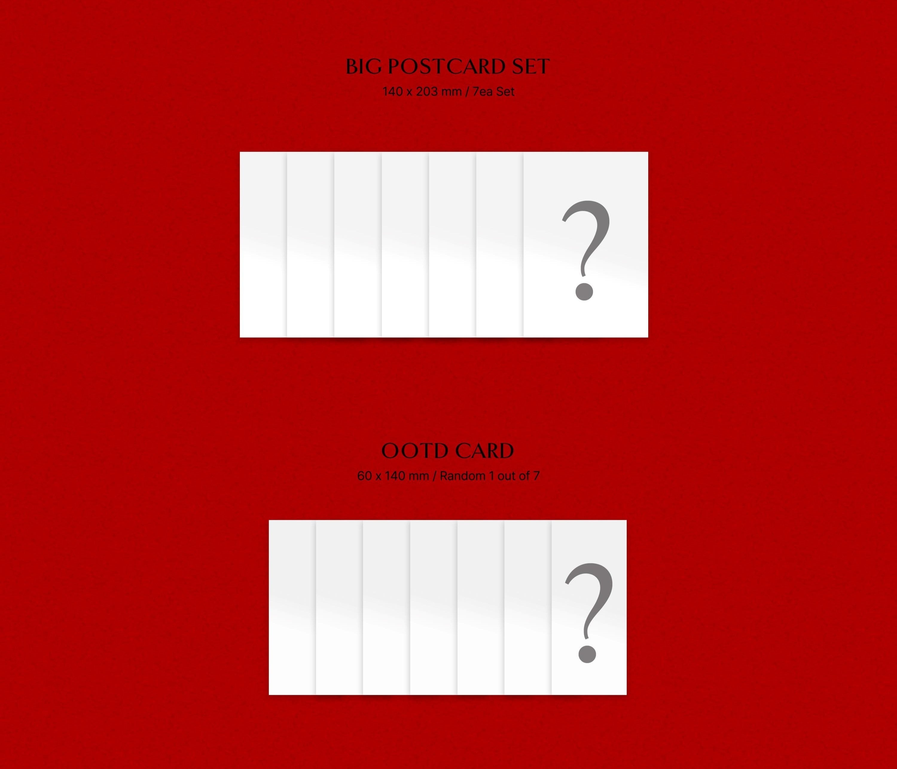Two white postcards with question marks on a red background, labeled 'Big Postcard Set' and 'Void Card'.