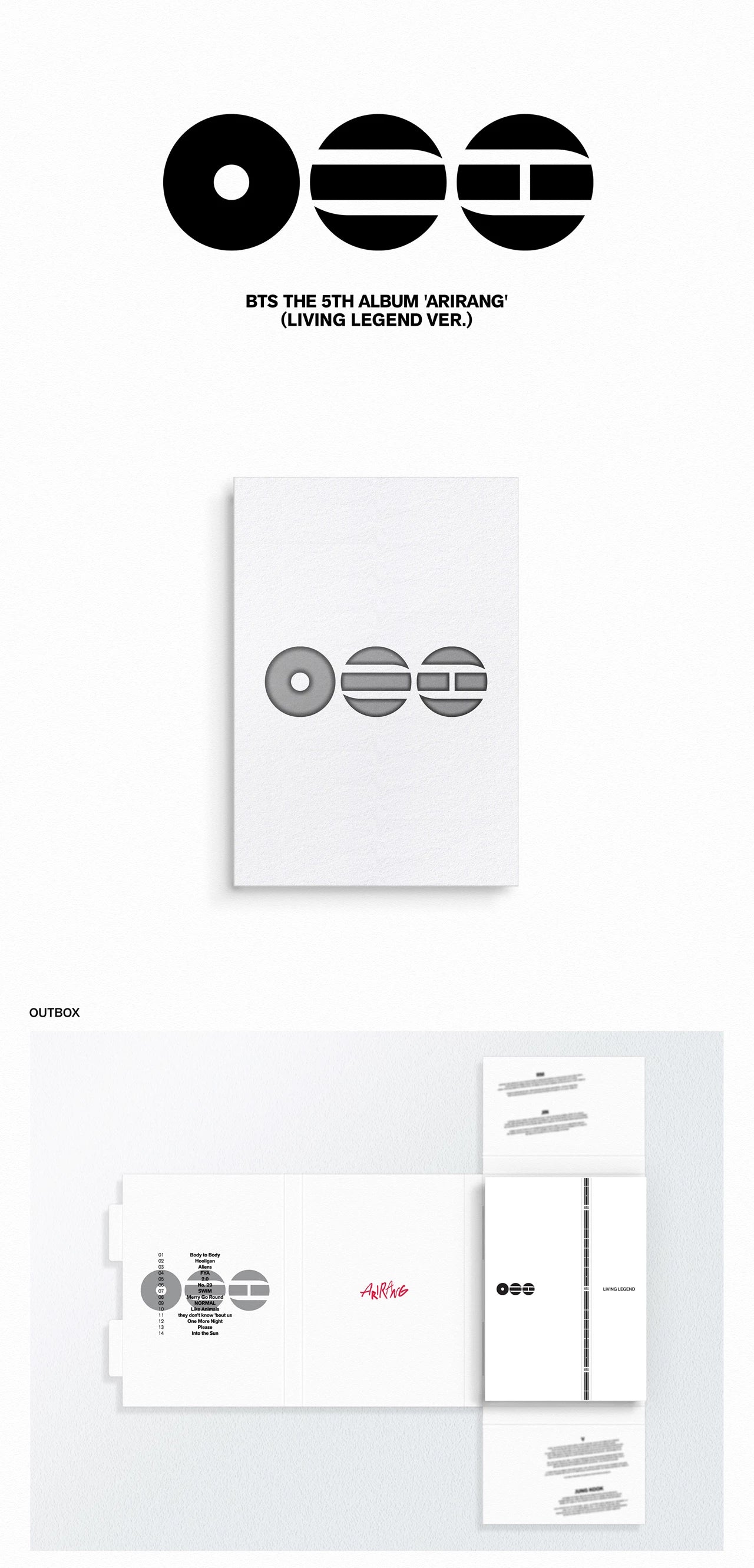 BTS The 5th Album 'Awakening' Living Legend Version package and printed materials, featuring a white booklet with three black-and-gray circular logo graphics and matching printed cards and envelopes below.
