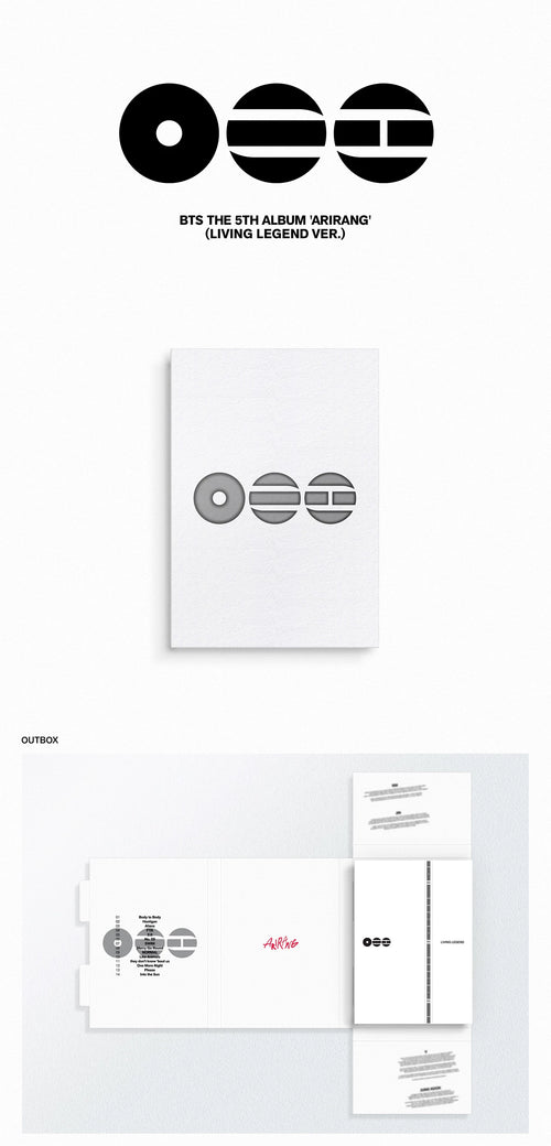 BTS The 5th Album 'Awakening' Living Legend Version package and printed materials, featuring a white booklet with three black-and-gray circular logo graphics and matching printed cards and envelopes below.
