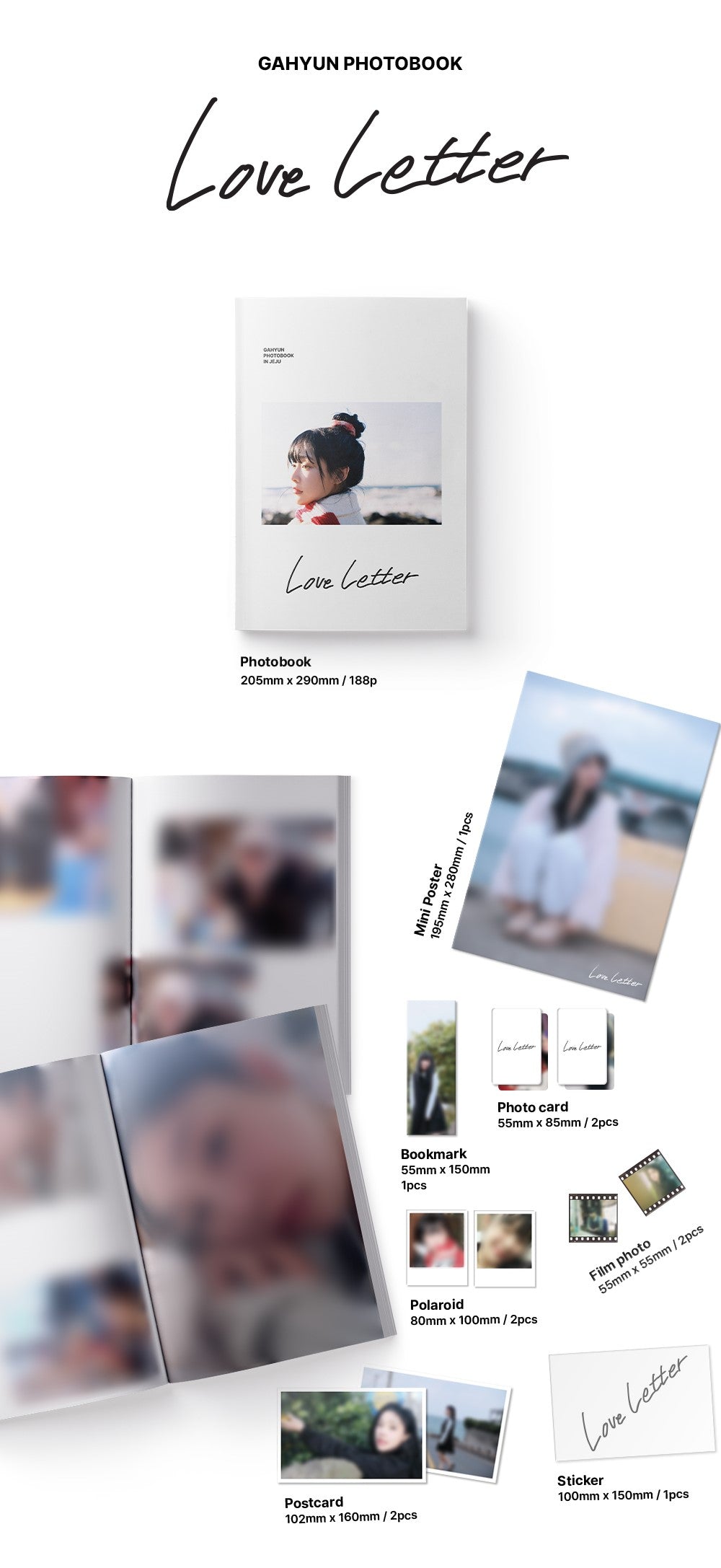 Photobook titled 'Love Letter' with various photo frames and a person on a white background.