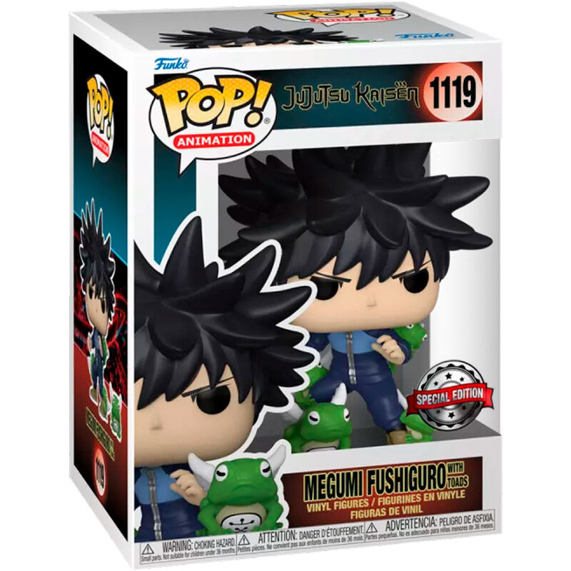 Funko Pop! figurine packaging with Megumi Fushiguro and Toads, featuring the Funko logo and 'Jujutsu Kaisen' branding.
