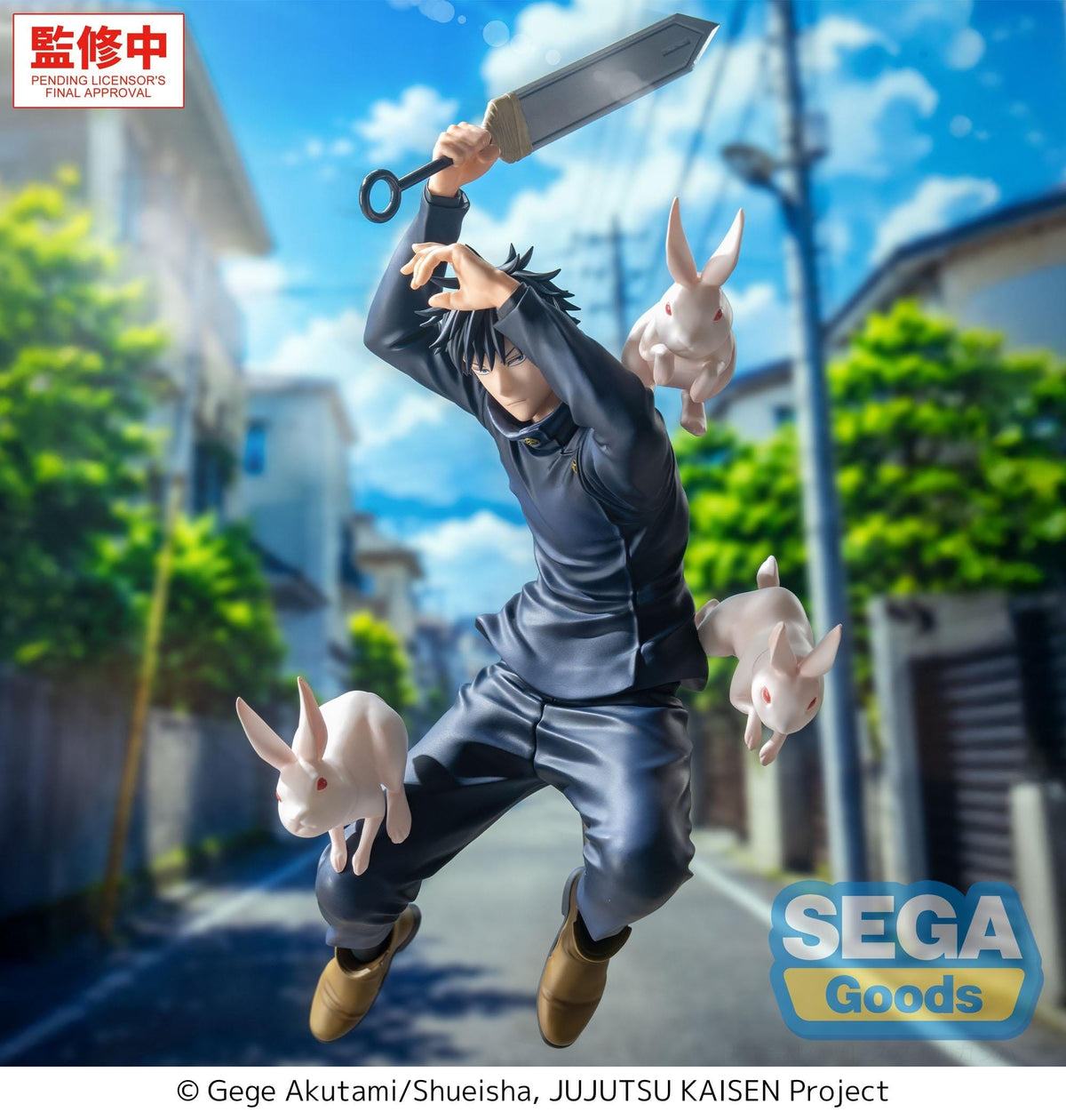 A SEGA Goods collectible figure of a Jujutsu Kaisen character in a dark blue outfit, captured mid-leap while holding a large sword, with floating white rabbits around him against a blurred outdoor street background. SEGA Goods branding and a Chinese approval badge are visible.