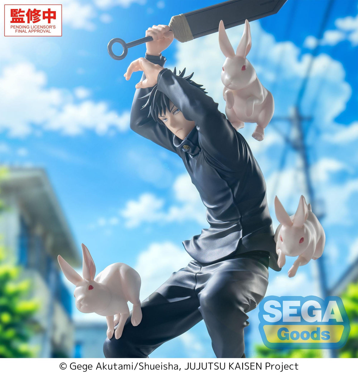 Jujutsu Kaisen 100% Original Final Approval SEGA Goods collectible figure of Megumi Fushiguro in a dynamic action pose, surrounded by four floating white rabbits against a bright blue sky background.