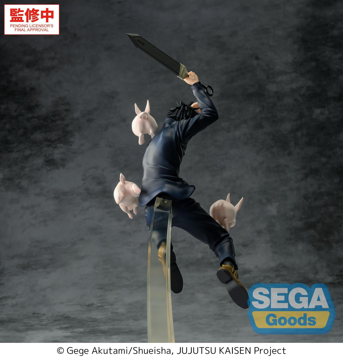 A dynamic product shot of a Jujutsu Kaisen figure depicting Megumi Fushiguro in mid-air with a sword and three white rabbit dolls, set against a dark textured background with SEGA Goods branding.