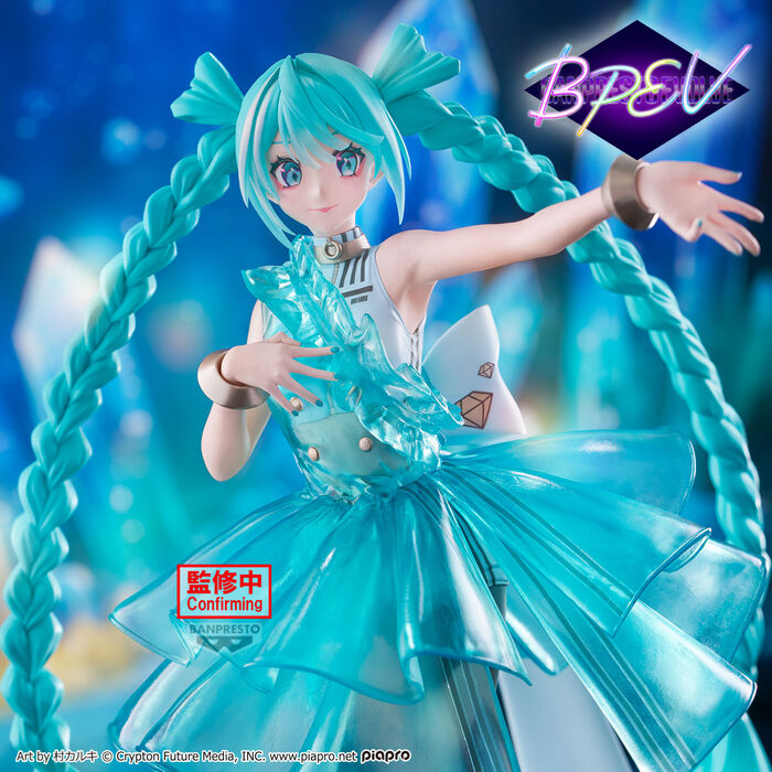 Anime character figurine with teal hair and outfit against a blue gradient background