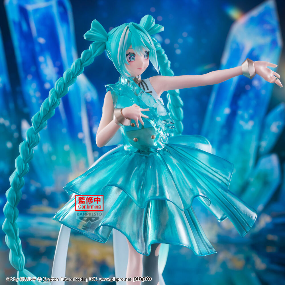 Anime character figure with blue hair and dress against a blue background