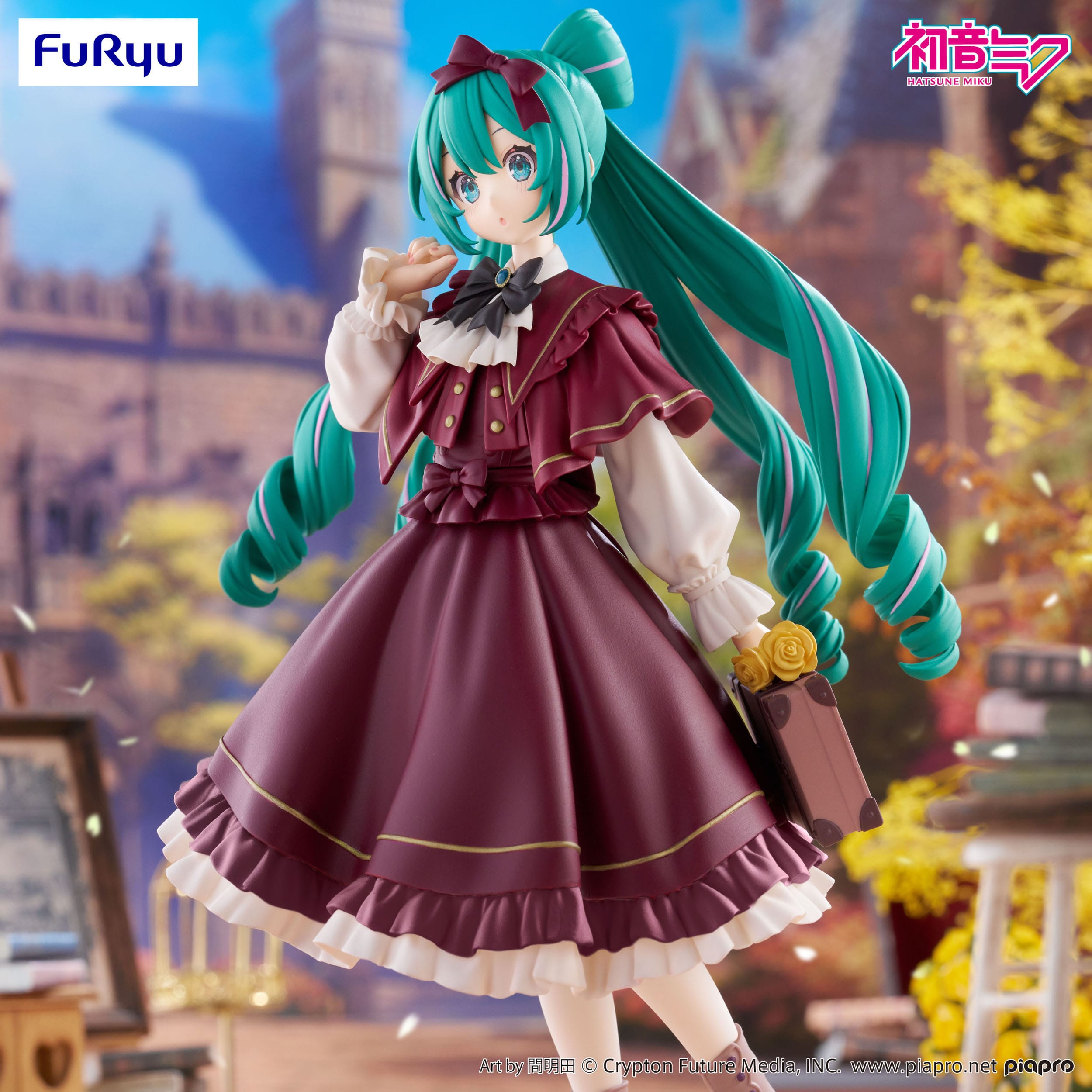 Figurine of a character with teal hair and a red dress in an outdoor setting, with 'Fur Ryu' branding.