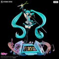 Animated character with blue hair and a futuristic outfit on a black background