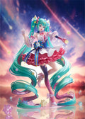 Colorful anime character figurine with vibrant hair and outfit against a starry background