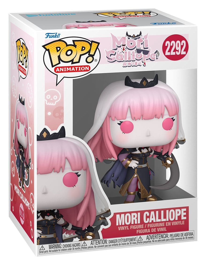 Funko Pop! Animation figure packaging of Mori Calliope with pink hair and black outfit.