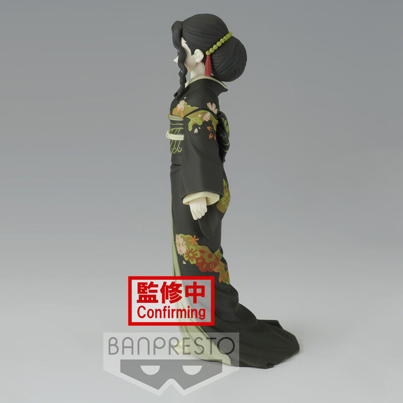 Figurine of a character in traditional attire with 'BANPRESTO' branding on a gray background