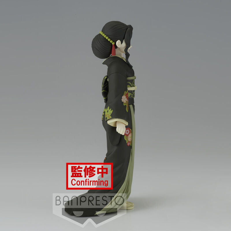 Figurine of a character in traditional attire with 'BANPRESTO' branding on a gray background