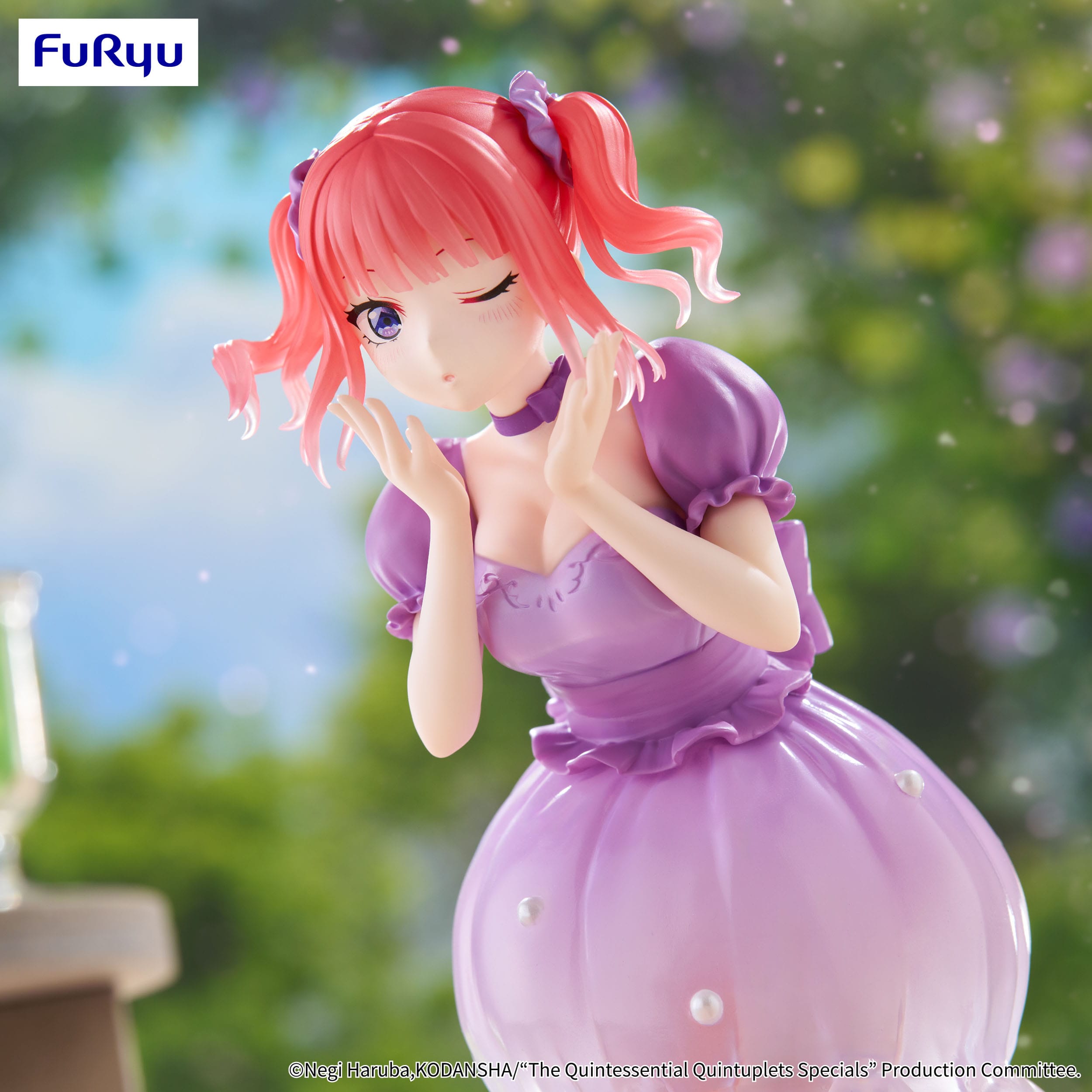 Figurine of a character with pink hair and a purple dress against a blurred natural background