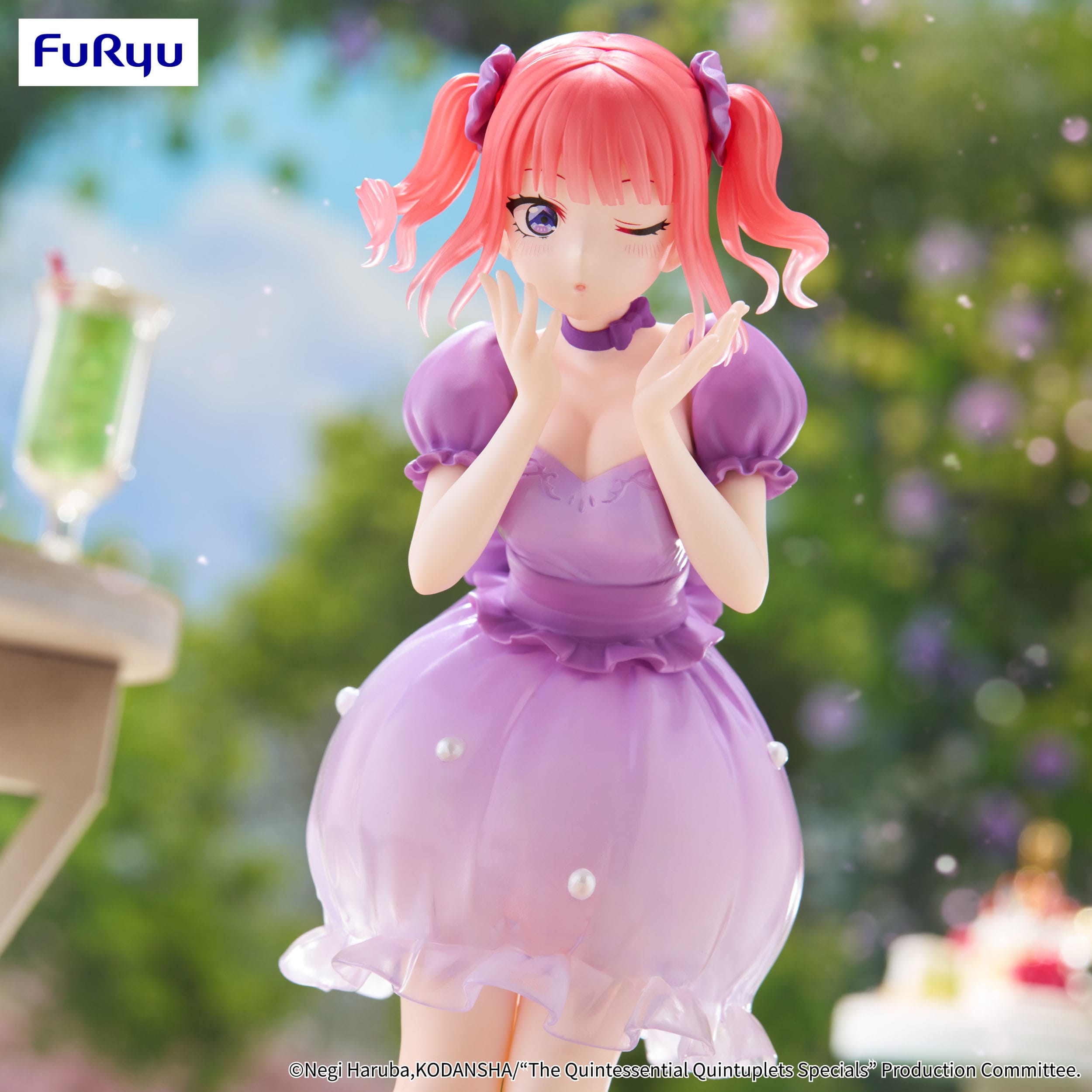 Anime character figurine with pink hair and a purple dress in a garden setting, with 'Fur Ryu' branding.