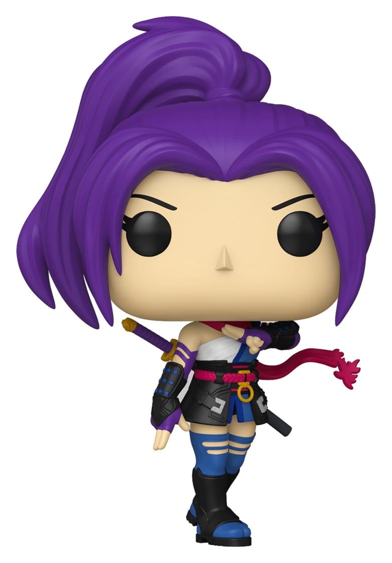 Funko Pop! vinyl figure of a female anime-style character with a large purple ponytail, beige skin, black eyes, and a multicolored outfit with blue, black, white, and red details, shown on a plain white background.