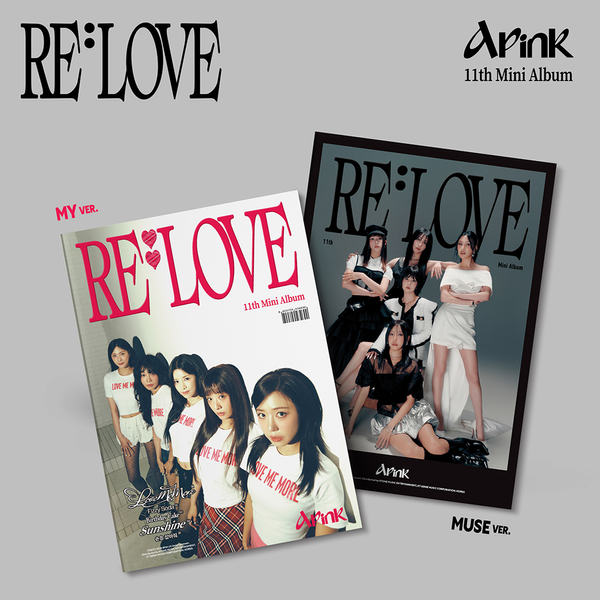 Two Apink albums titled 'RE:LOVE' on a gray background