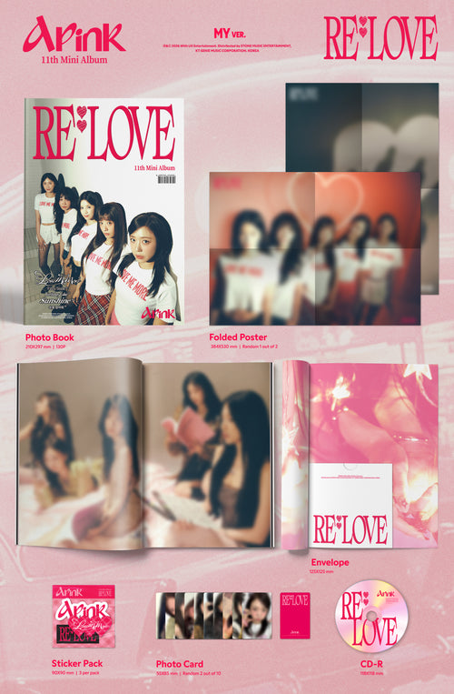 Promotional image of Apink's 10th mini album 'RE*LOVE' with product details on a pink background.
