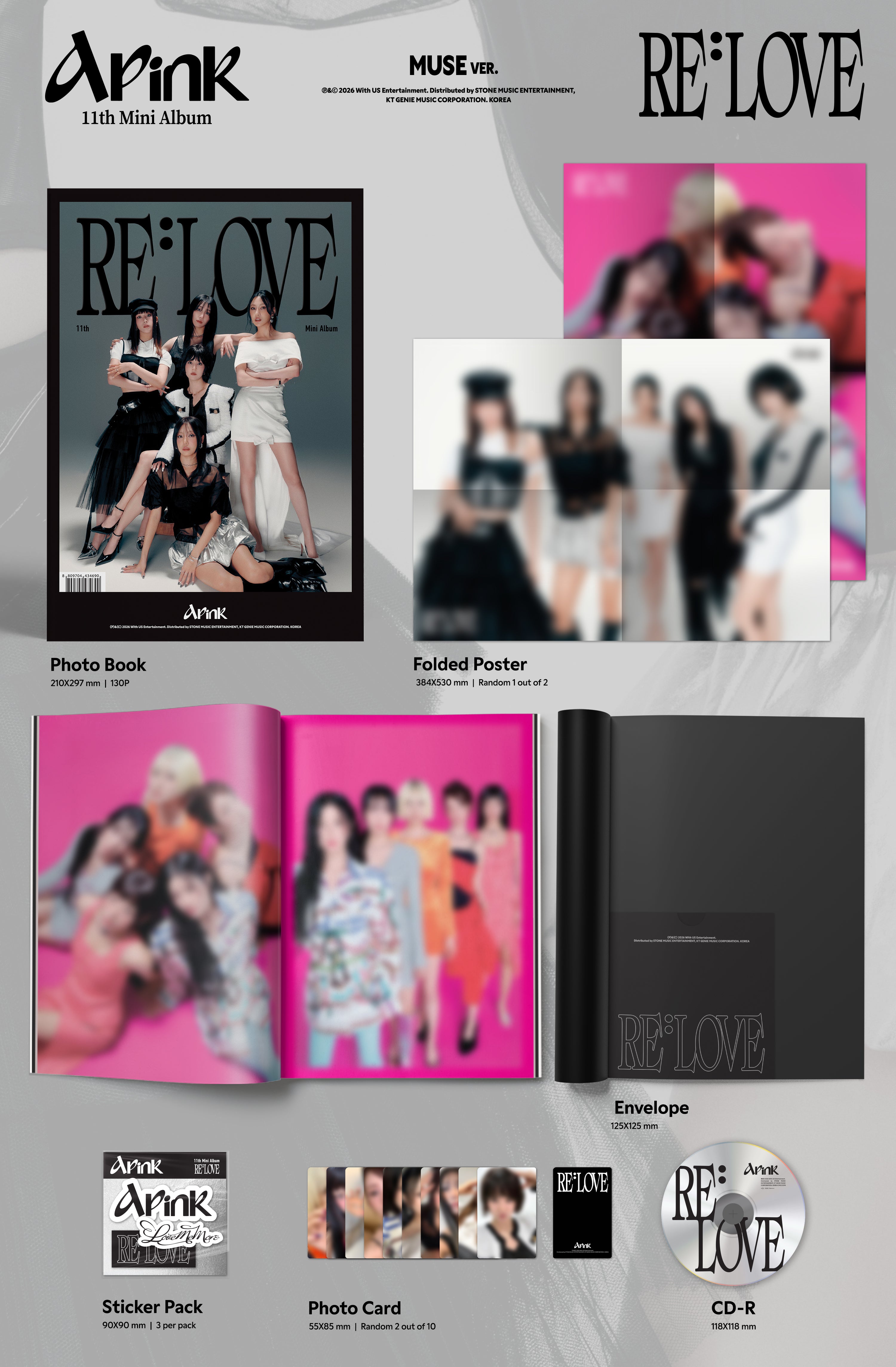 K-pop album packaging with photo book, folded poster, envelope, and CD-R included.