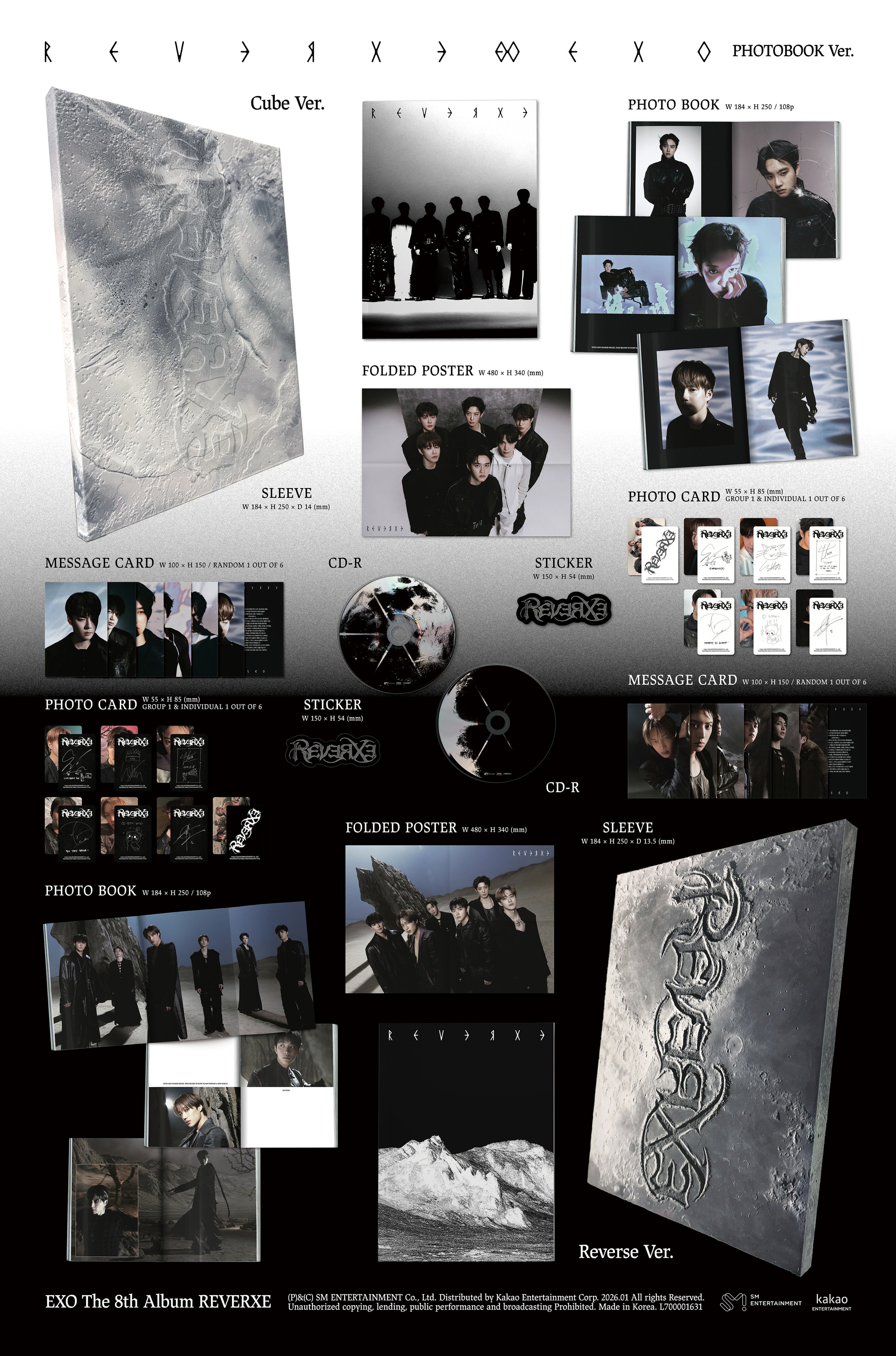 Promotional poster for EXO's 8th album 'Reverie' with various product images.