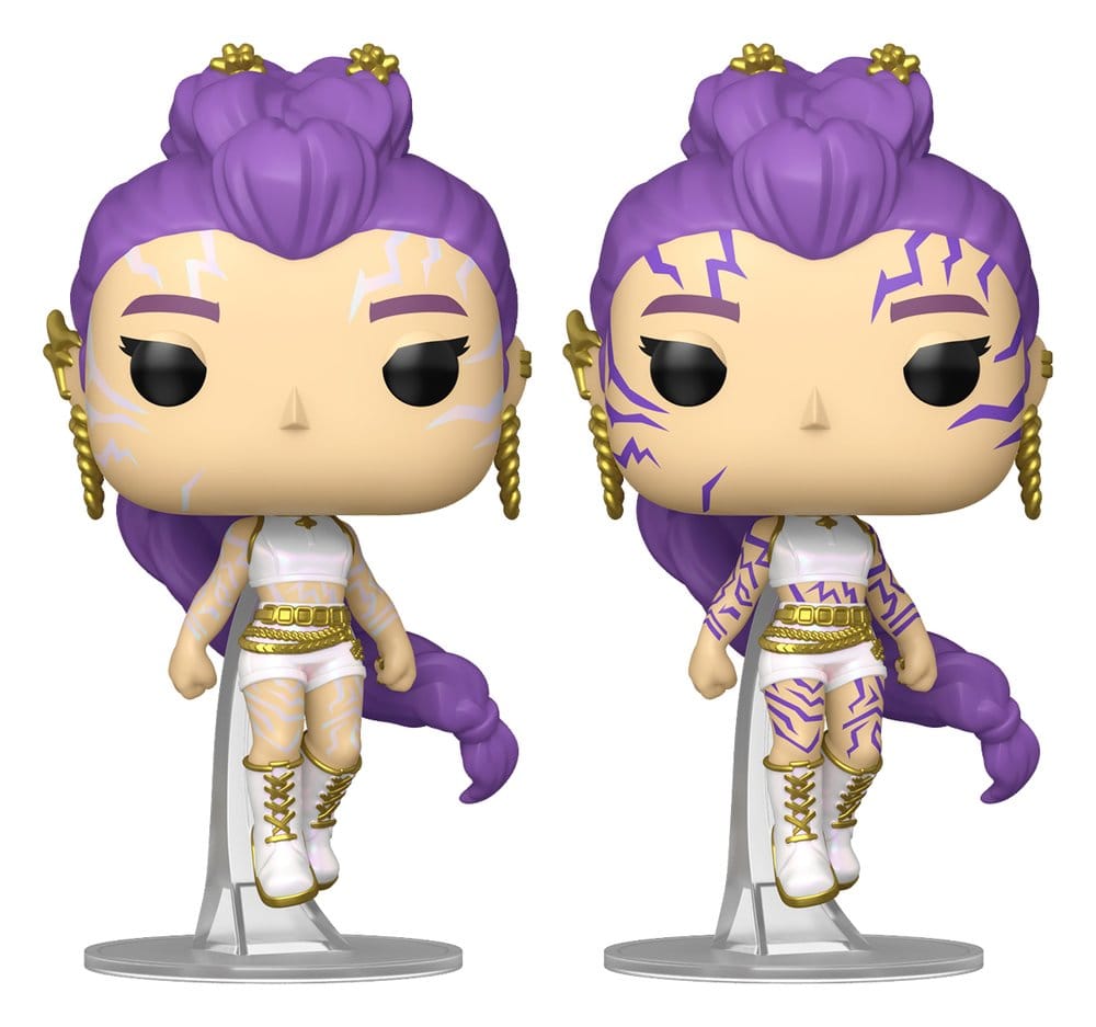 Two identical figurines with purple hair and white outfits on a white background