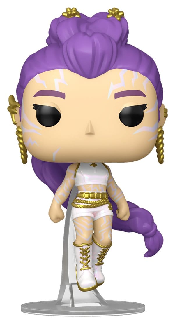 Funko Pop! vinyl figure with purple hair and white outfit on a white background