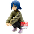 Anime character figurine with blue hair and green jacket on a white background, featuring BANPRESTO branding.